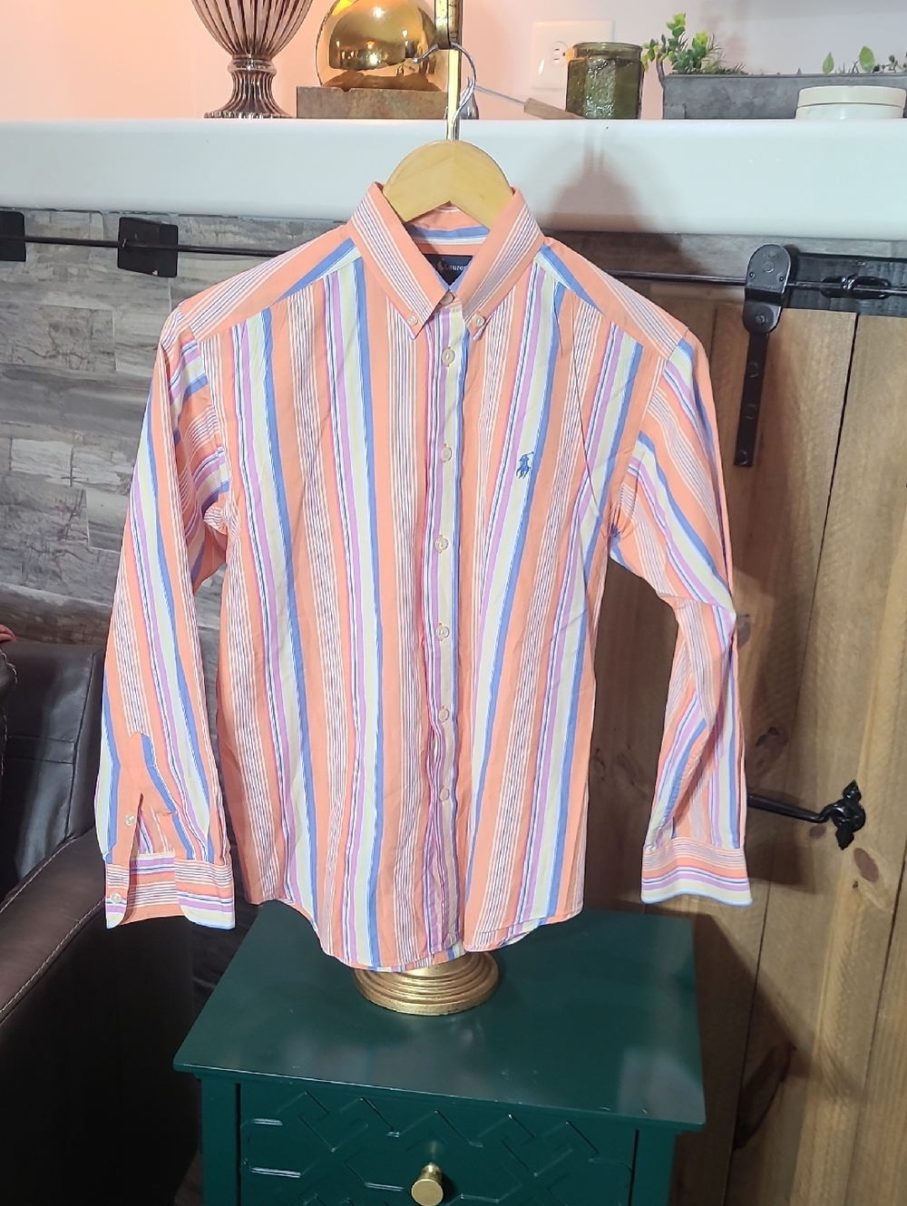 Ralph Lauren Peach, Blue & White Striped Button-Down Shirt